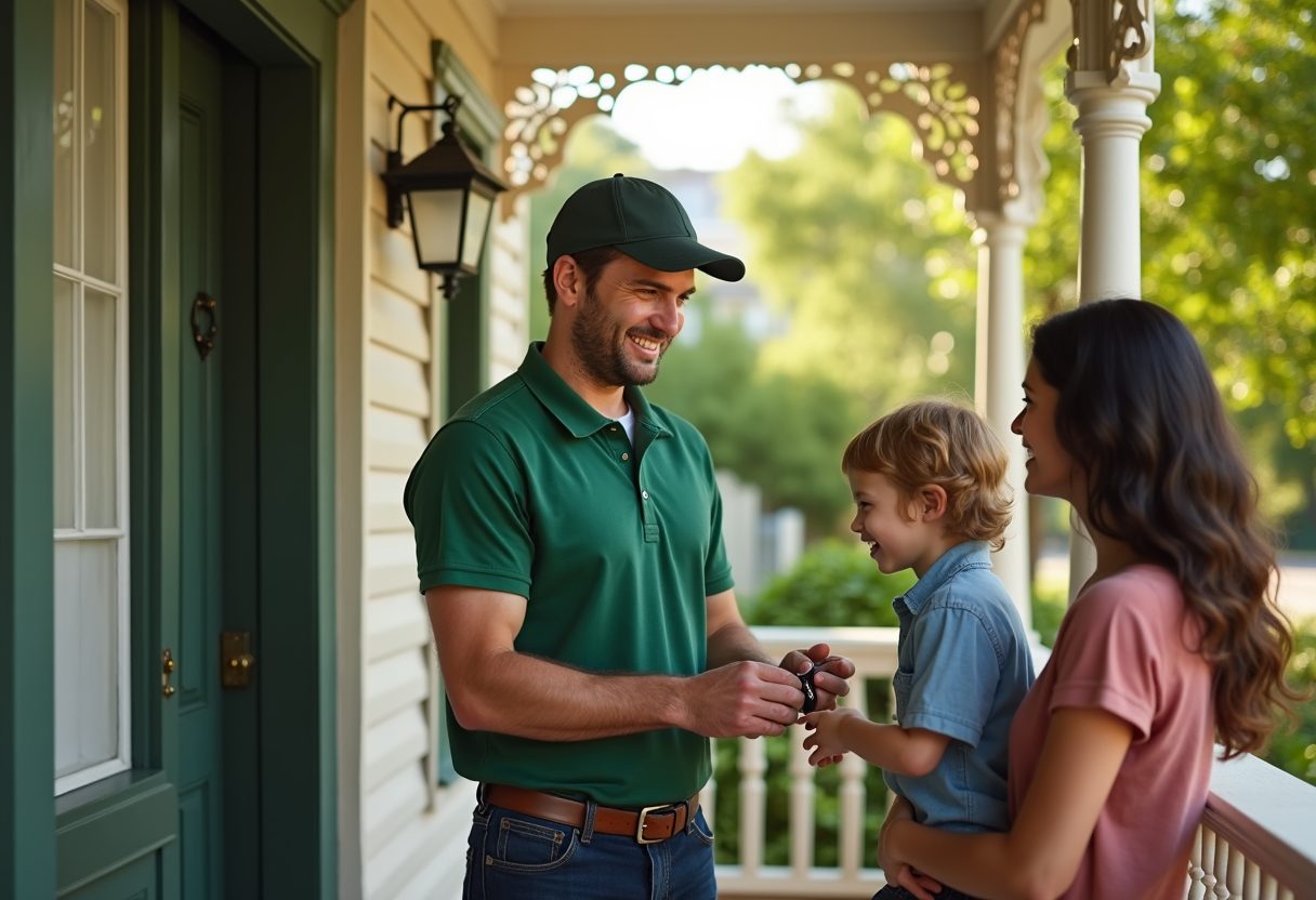 Locksmith handing new keys to a family on their verandah — St Ives